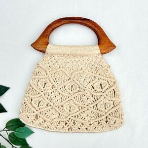Boho white vintage macrame braided purse handbag wooden handle beachy costal